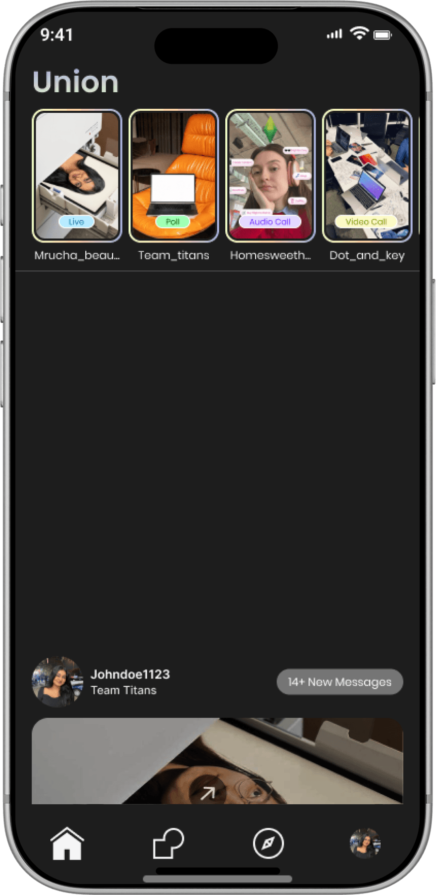 UnionPeeps mobile app showing multiple community post formats